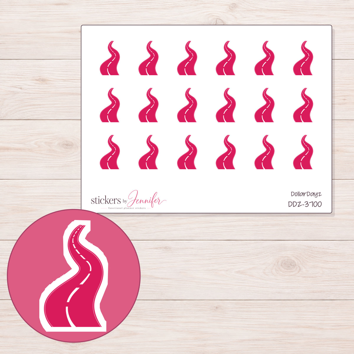 Pink Winding Road Planner Stickers | DDZ-3700 — 4 × 3 inch sheet and enlarged sticker detail