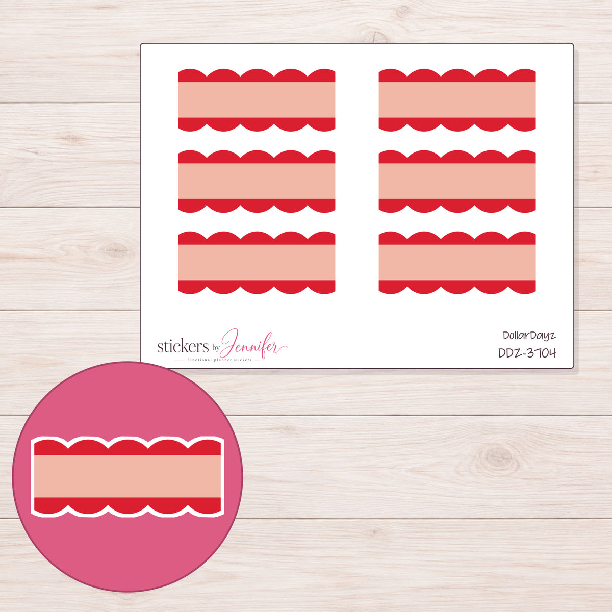 Red Scallop Stripe Quarter Box Planner Stickers | DDZ-3704 — 4 × 3 inch sheet and enlarged sticker detail