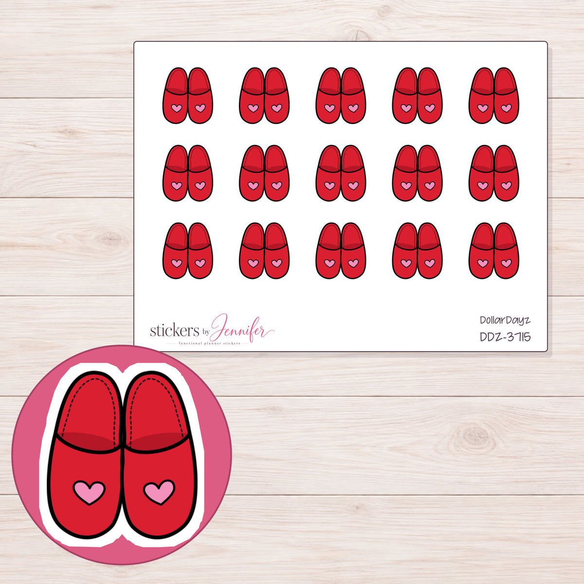Red Heart Slippers Planner Stickers | DDZ-3715 — 4 × 3 inch sheet and enlarged sticker detail