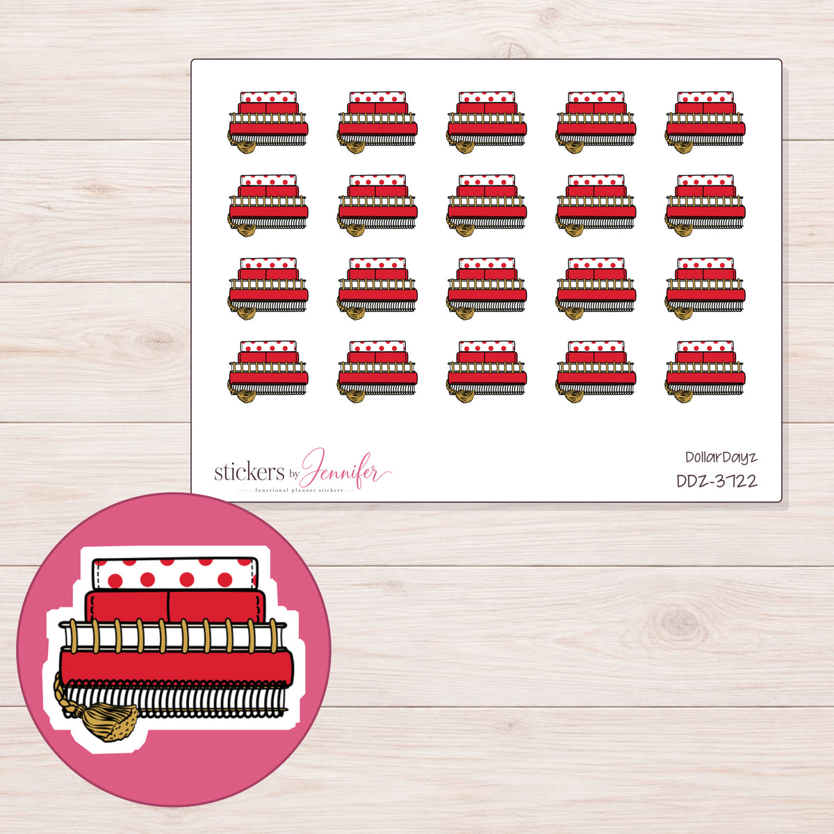 Stack of Red Planners Planner Stickers | DDZ-3722 — 4 × 3 inch sheet and enlarged sticker detail
