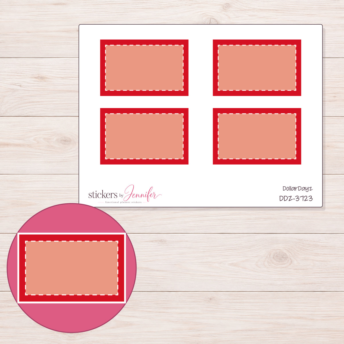 Red Square-Corner Stitched Half Box Planner Stickers | DDZ-3723 — 4 × 3 inch sheet and enlarged sticker detail