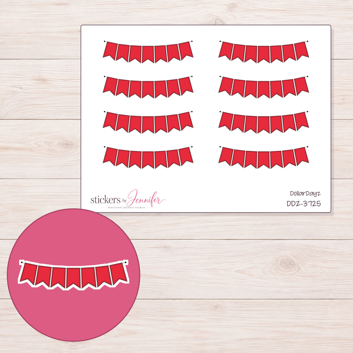 Red Stitched Pennant Bunting Planner Stickers | DDZ-3725 — 4 × 3 inch sheet and enlarged sticker detail