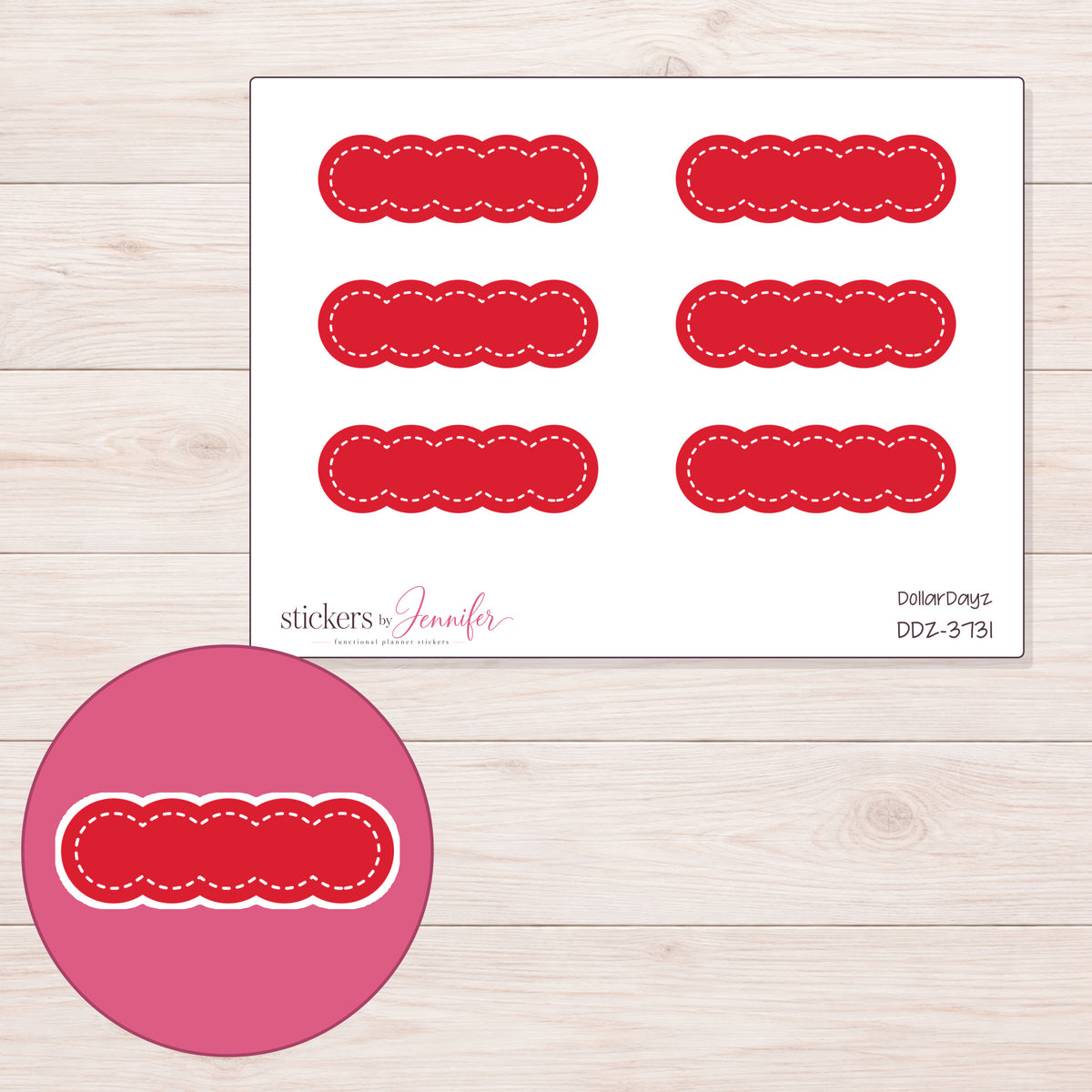 Red Stitched Scallop Label Planner Stickers | DDZ-3731 — 4 × 3 inch sheet and enlarged sticker detail