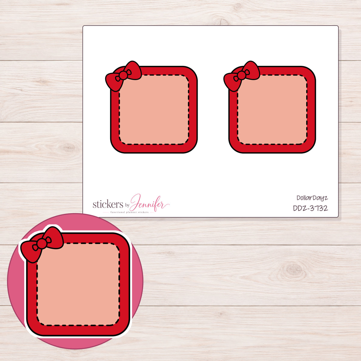 Red Stitched Square Bow Label Planner Stickers | DDZ-3732 — 4 × 3 inch sheet and enlarged sticker detail