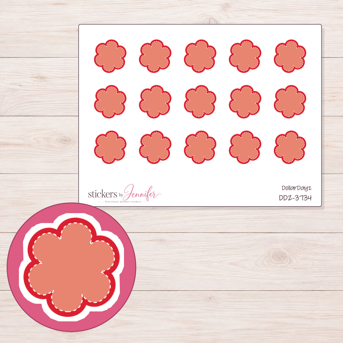 Coral Stitched Flower Planner Stickers | DDZ-3734 — 4 × 3 inch sheet and enlarged sticker detail