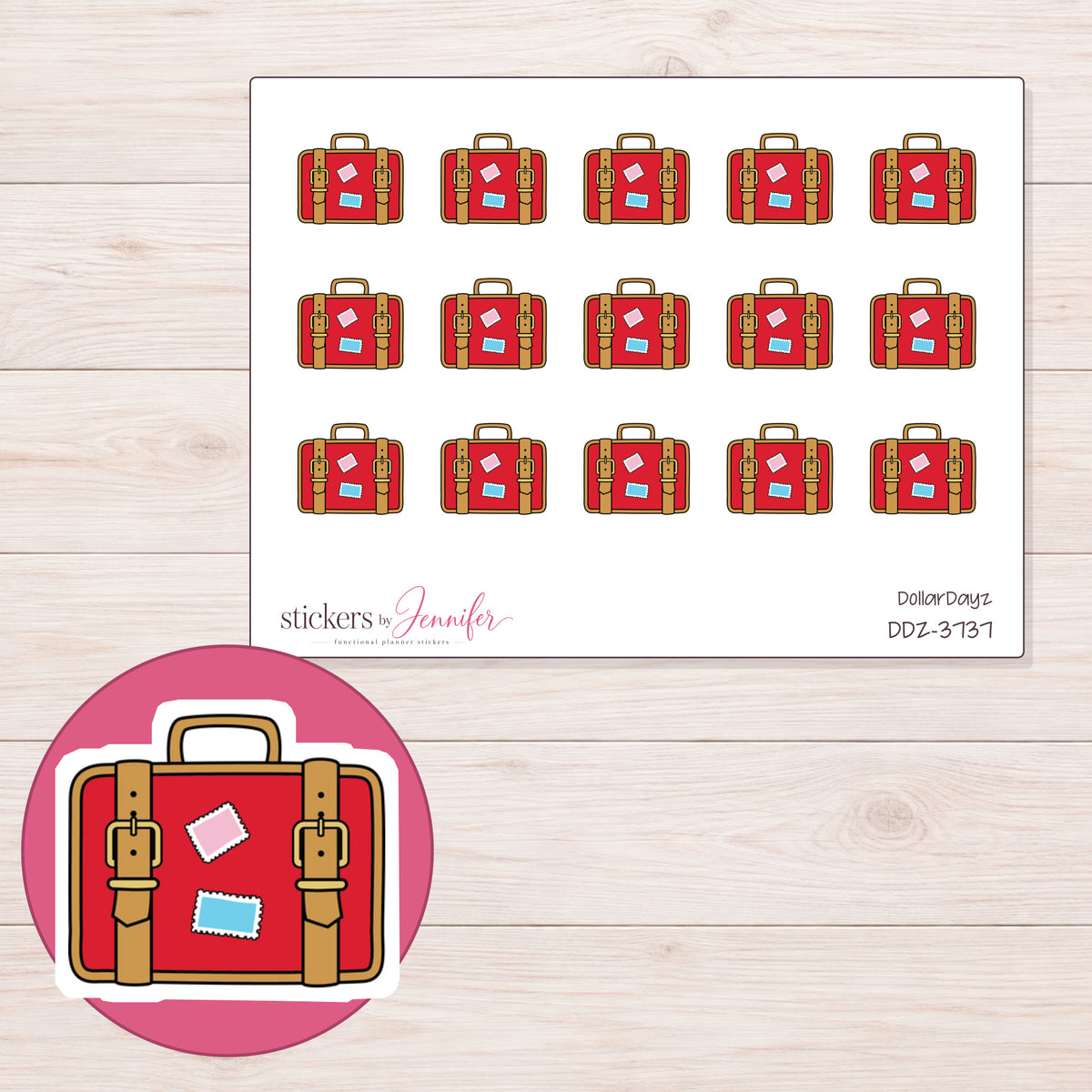 Red Vintage Suitcase Planner Stickers | DDZ-3737 — 4 × 3 inch sheet and enlarged sticker detail