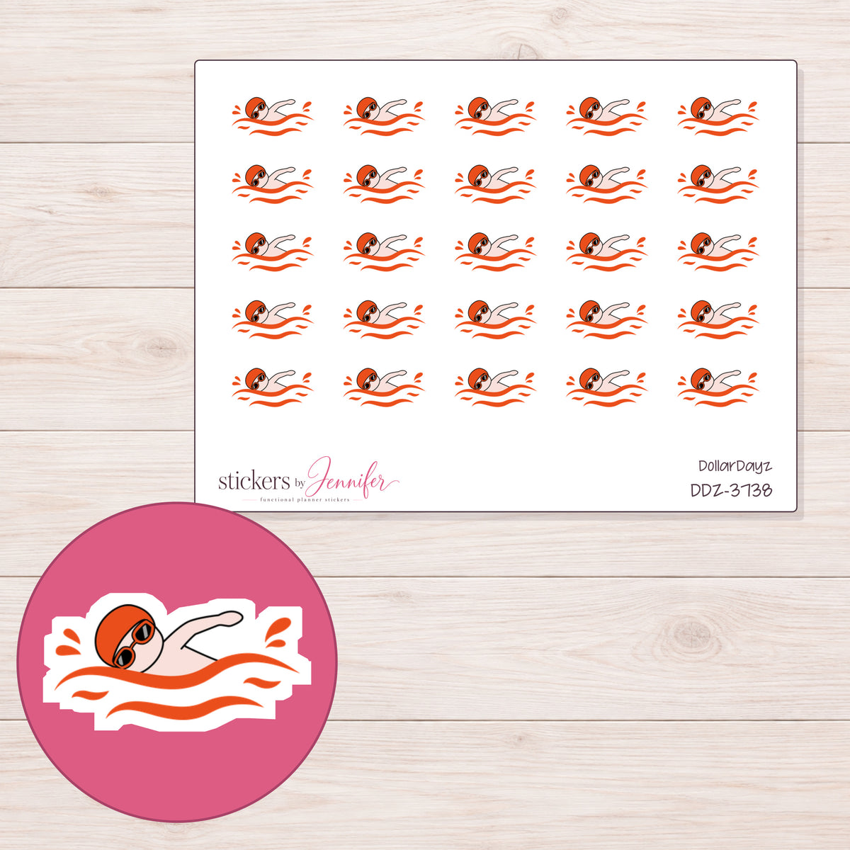 Orange Cap Swimmer Planner Stickers | DDZ-3738 — 4 × 3 inch sheet and enlarged sticker detail