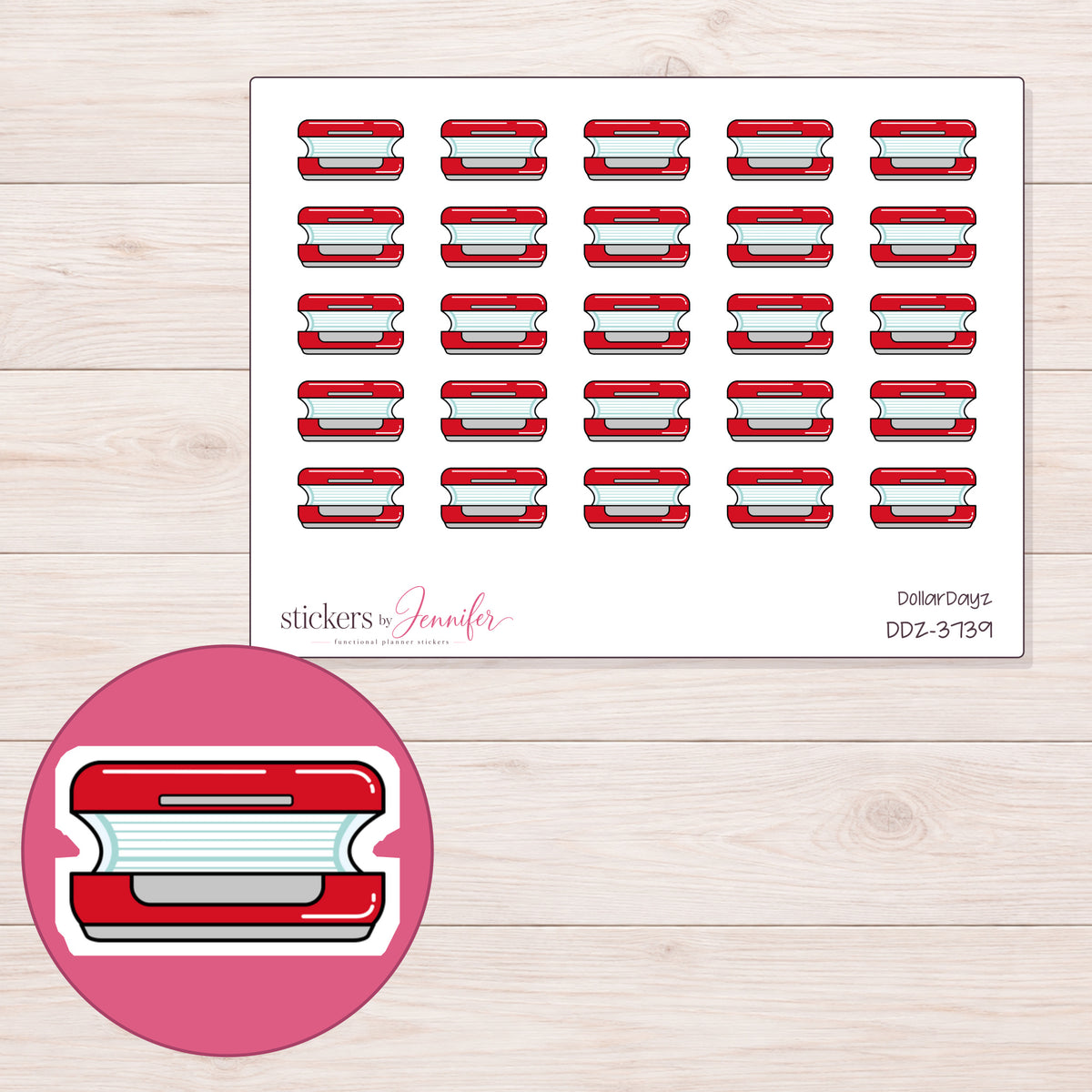 Red Tanning Bed Planner Stickers | DDZ-3739 — 4 × 3 inch sheet and enlarged sticker detail