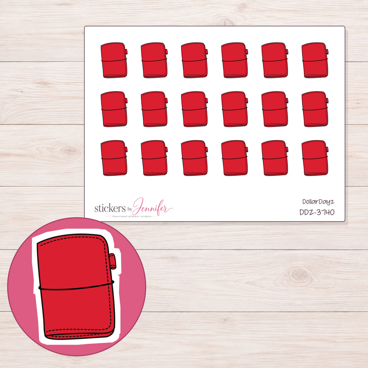 Red Travel Notebook Planner Stickers | DDZ-3740 — 4 × 3 inch sheet and enlarged sticker detail