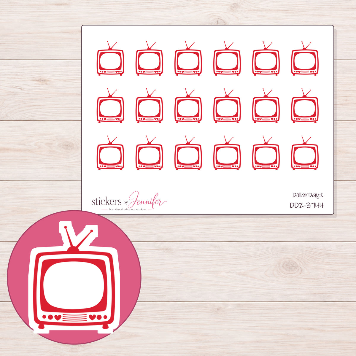 Red Outline Retro Television Planner Stickers | DDZ-3744 — 4 × 3 inch sheet and enlarged sticker detail
