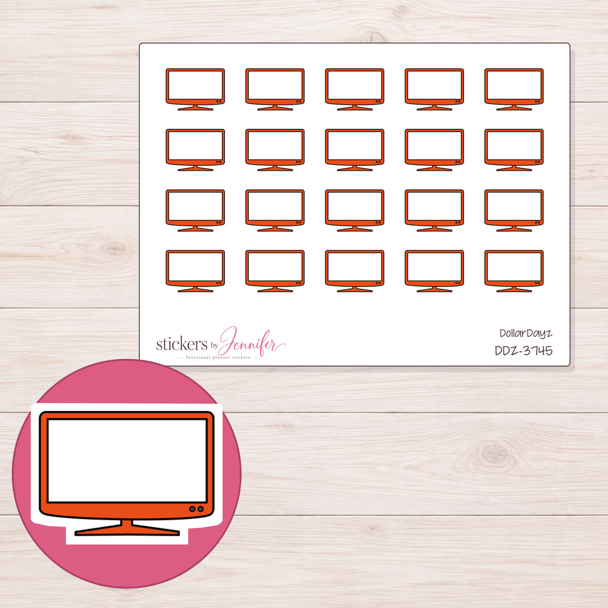 Orange Flat Screen Television Planner Stickers | DDZ-3745 — 4 × 3 inch sheet and enlarged sticker detail
