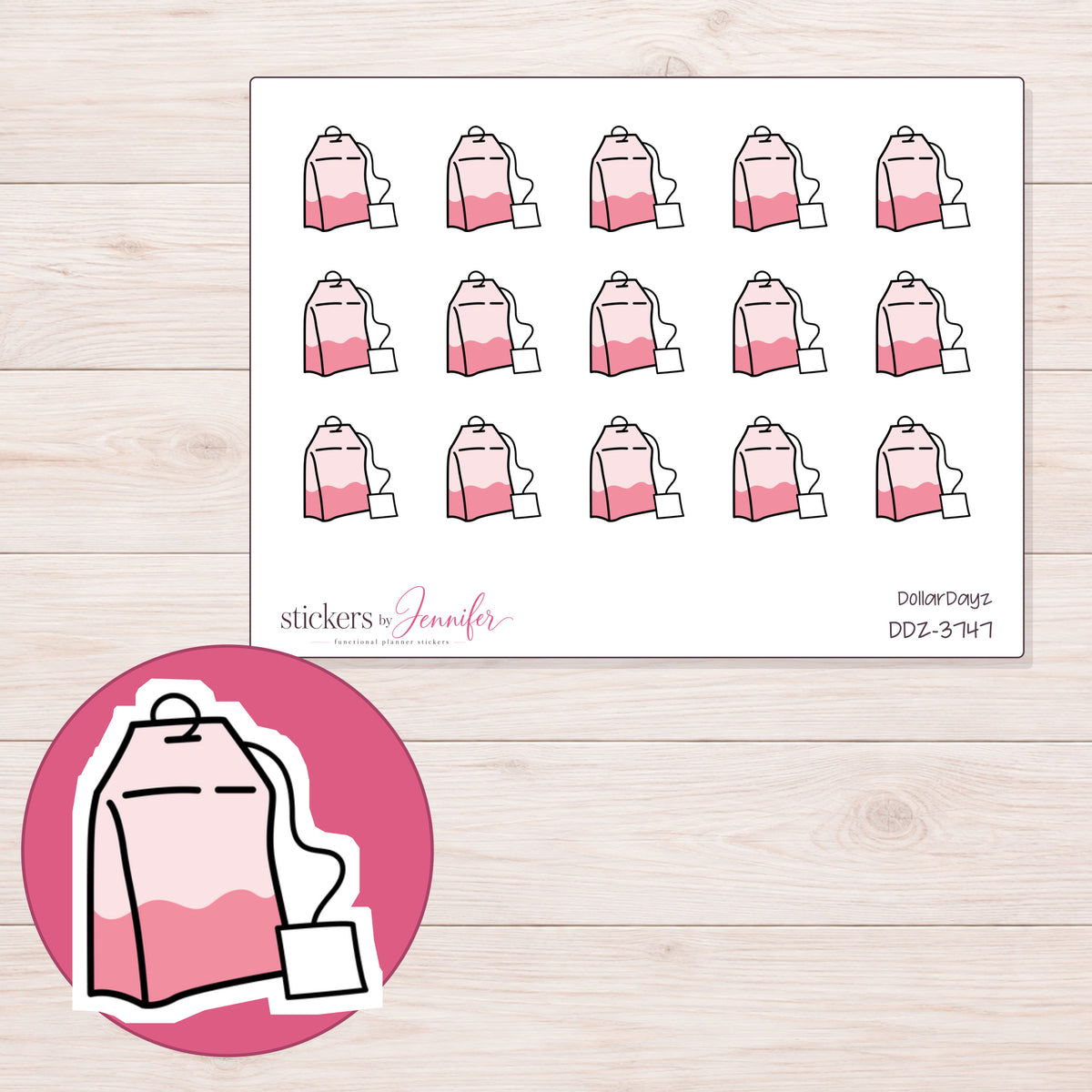 Pink Tea Bag Planner Stickers | DDZ-3747 — 4 × 3 inch sheet and enlarged sticker detail