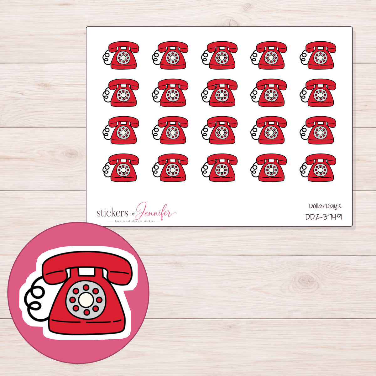 Red Rotary Telephone Planner Stickers | DDZ-3749 — 4 × 3 inch sheet and enlarged sticker detail