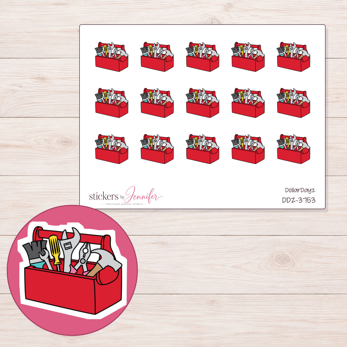 Red Toolbox Planner Stickers | DDZ-3753 — 4 × 3 inch sheet and enlarged sticker detail