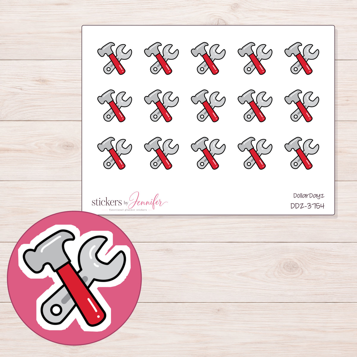 Red Hammer and Wrench Planner Stickers | DDZ-3754 — 4 × 3 inch sheet and enlarged sticker detail