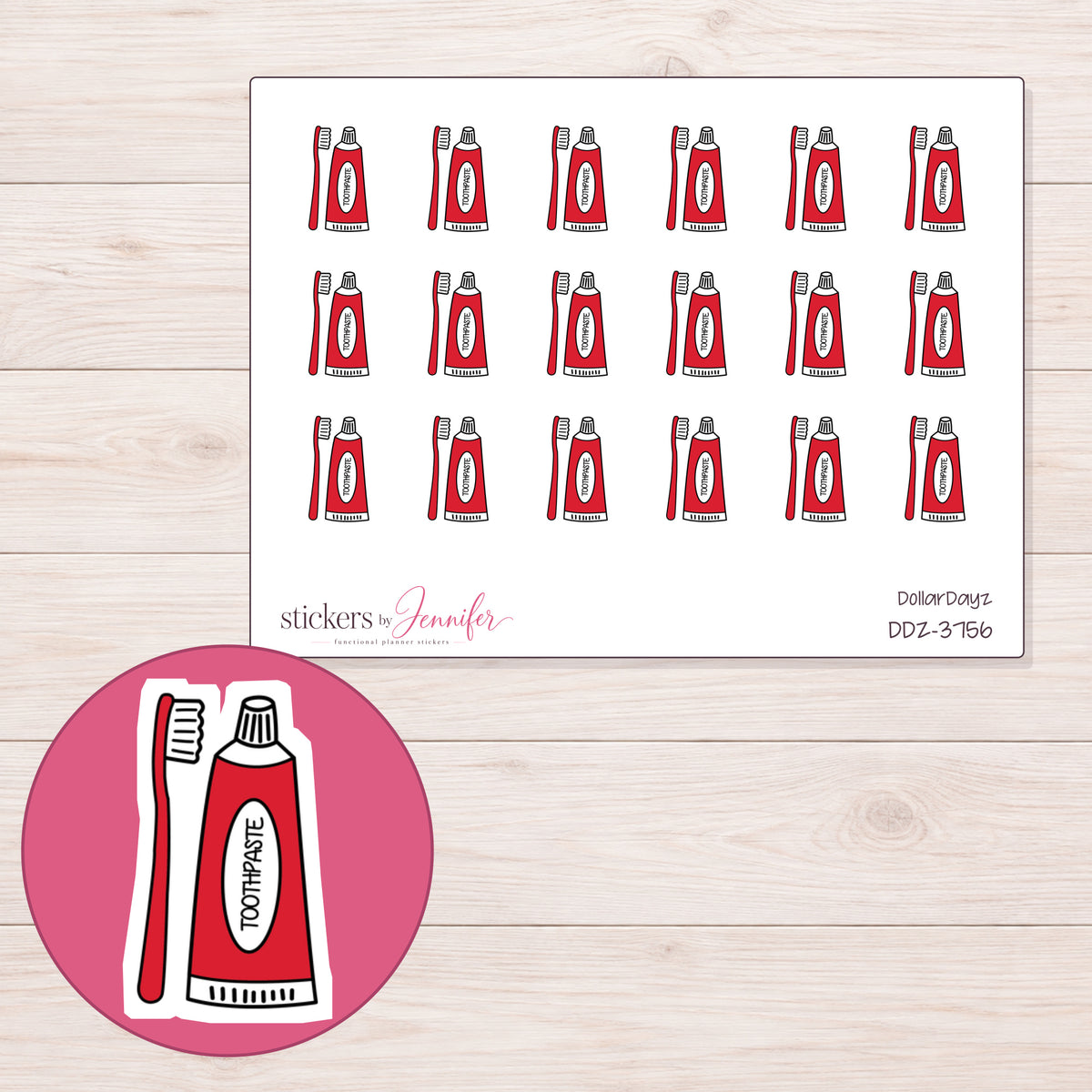 Red Toothpaste and Brush Planner Stickers | DDZ-3756 — 4 × 3 inch sheet and enlarged sticker detail