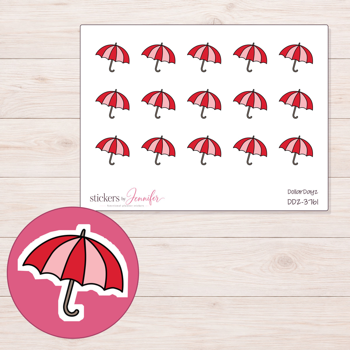 Red Umbrella Planner Stickers | DDZ-3761 — 4 × 3 inch sheet and enlarged sticker detail