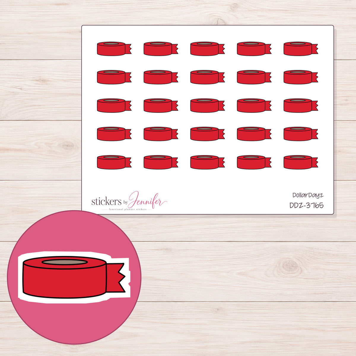 Red Washi Roll with Loose End Planner Stickers | DDZ-3765 — 4 × 3 inch sheet and enlarged sticker detail