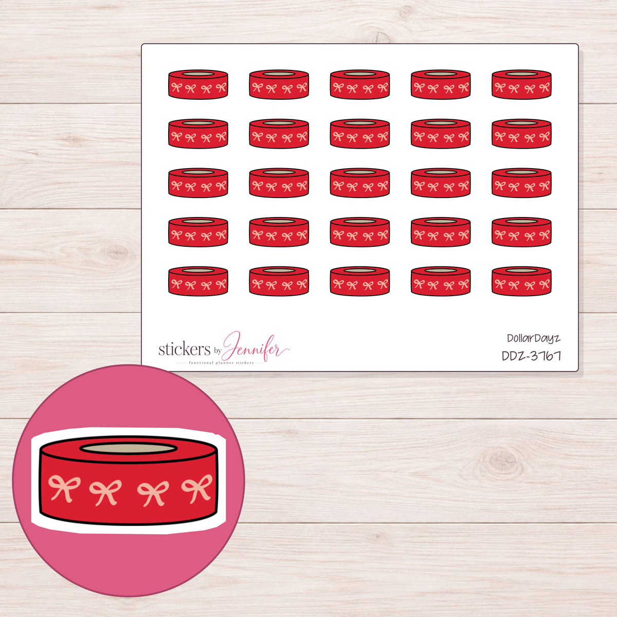 Red Bow Pattern Washi Roll Planner Stickers | DDZ-3767 — 4 × 3 inch sheet and enlarged sticker detail