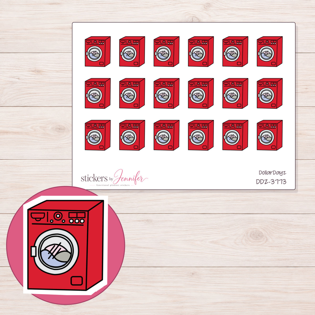Red Washing Machine Planner Stickers | DDZ-3773 — 4 × 3 inch sheet and enlarged sticker detail