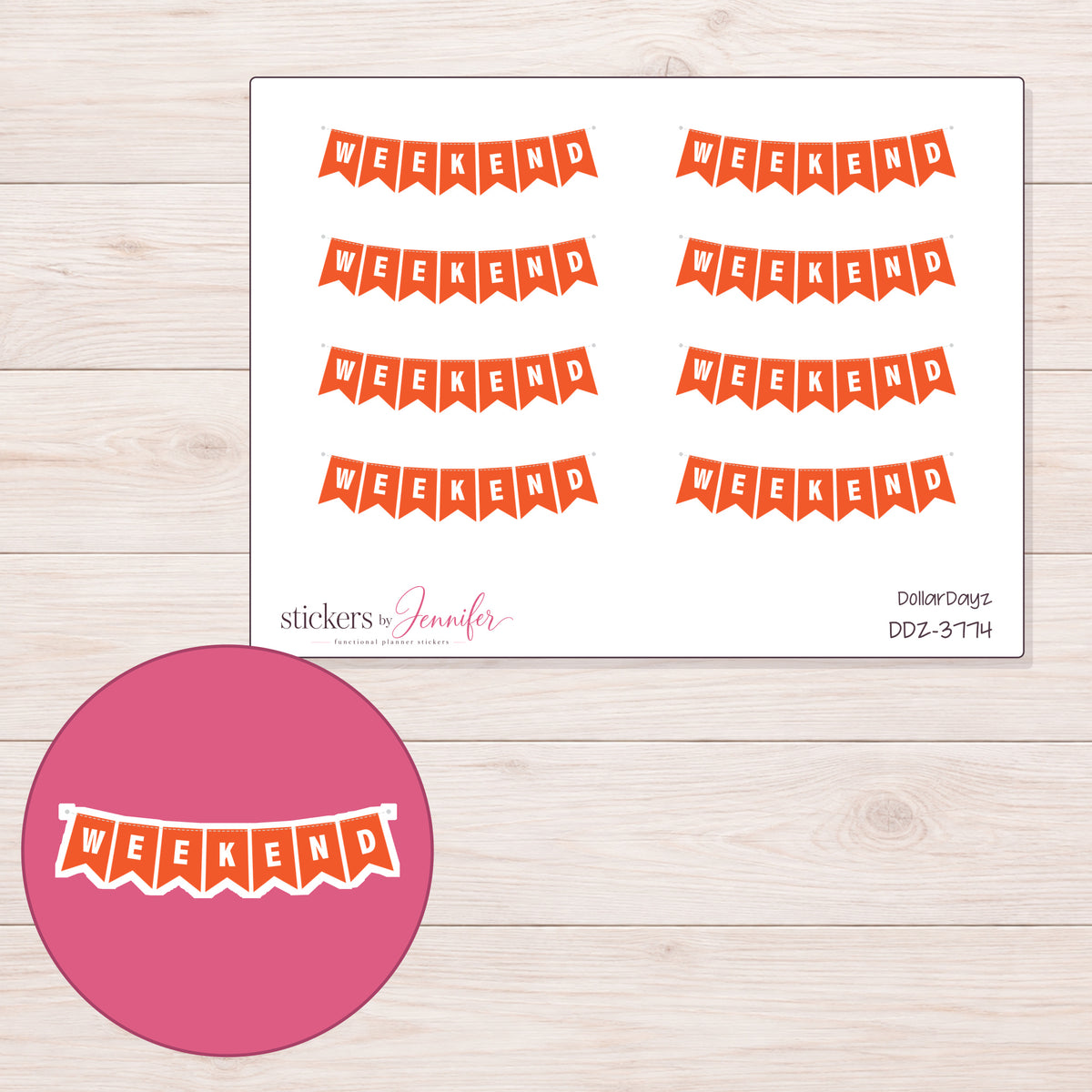 Orange Weekend Pennant Banner Planner Stickers | DDZ-3774 — 4 × 3 inch sheet and enlarged sticker detail
