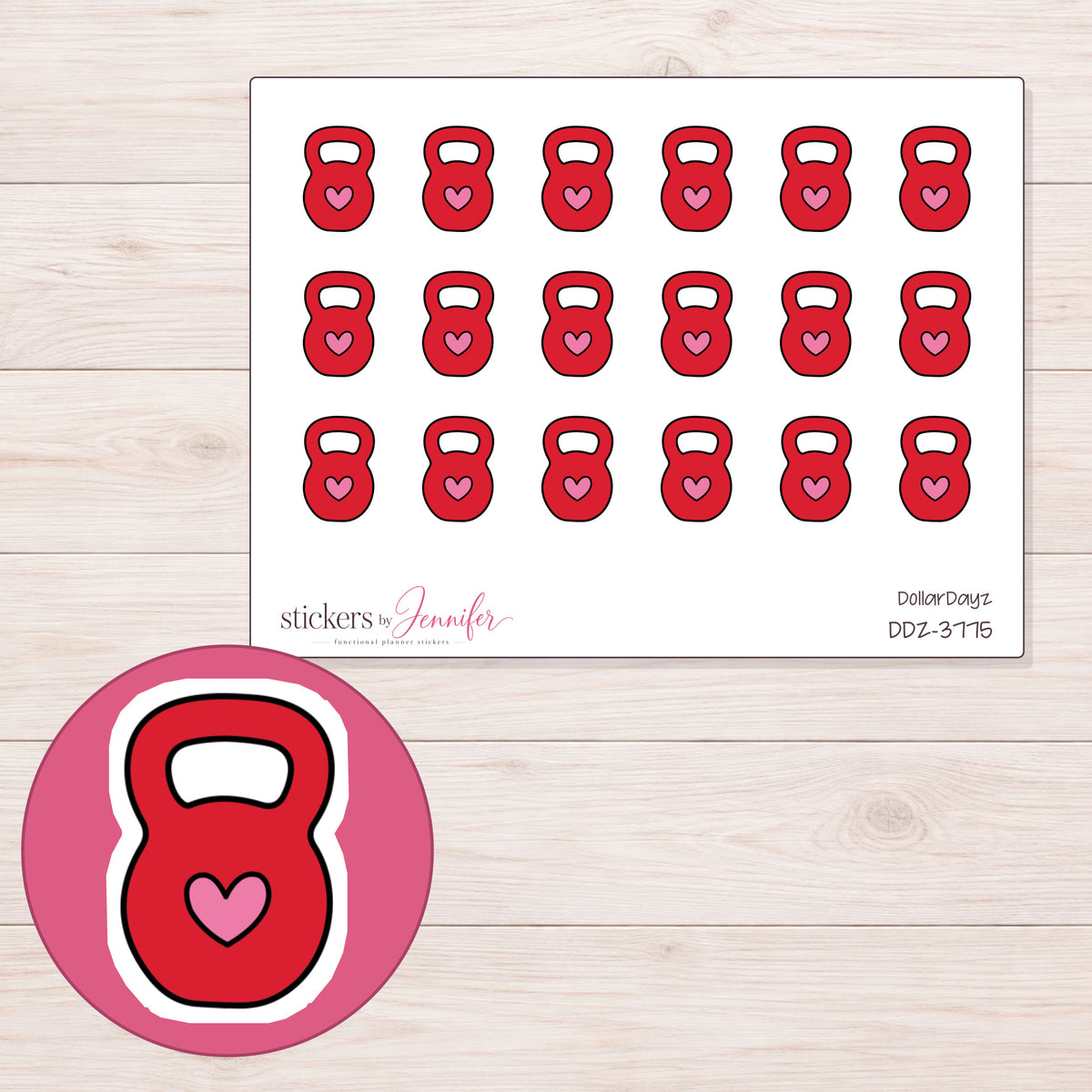 Red Heart Kettlebell Planner Stickers | DDZ-3775 — 4 × 3 inch sheet and enlarged sticker detail
