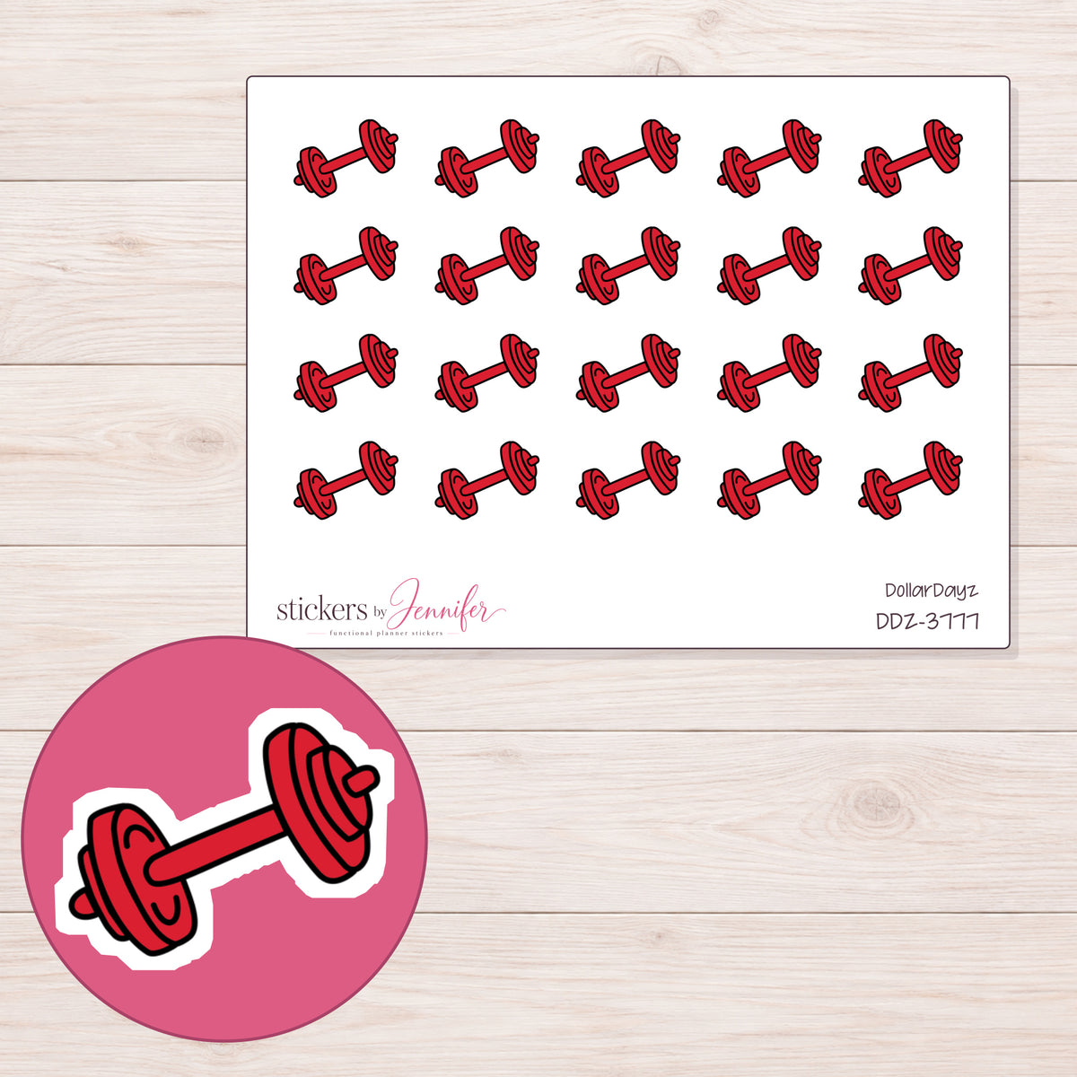 Red Dumbbell Planner Stickers | DDZ-3777 — 4 × 3 inch sheet and enlarged sticker detail