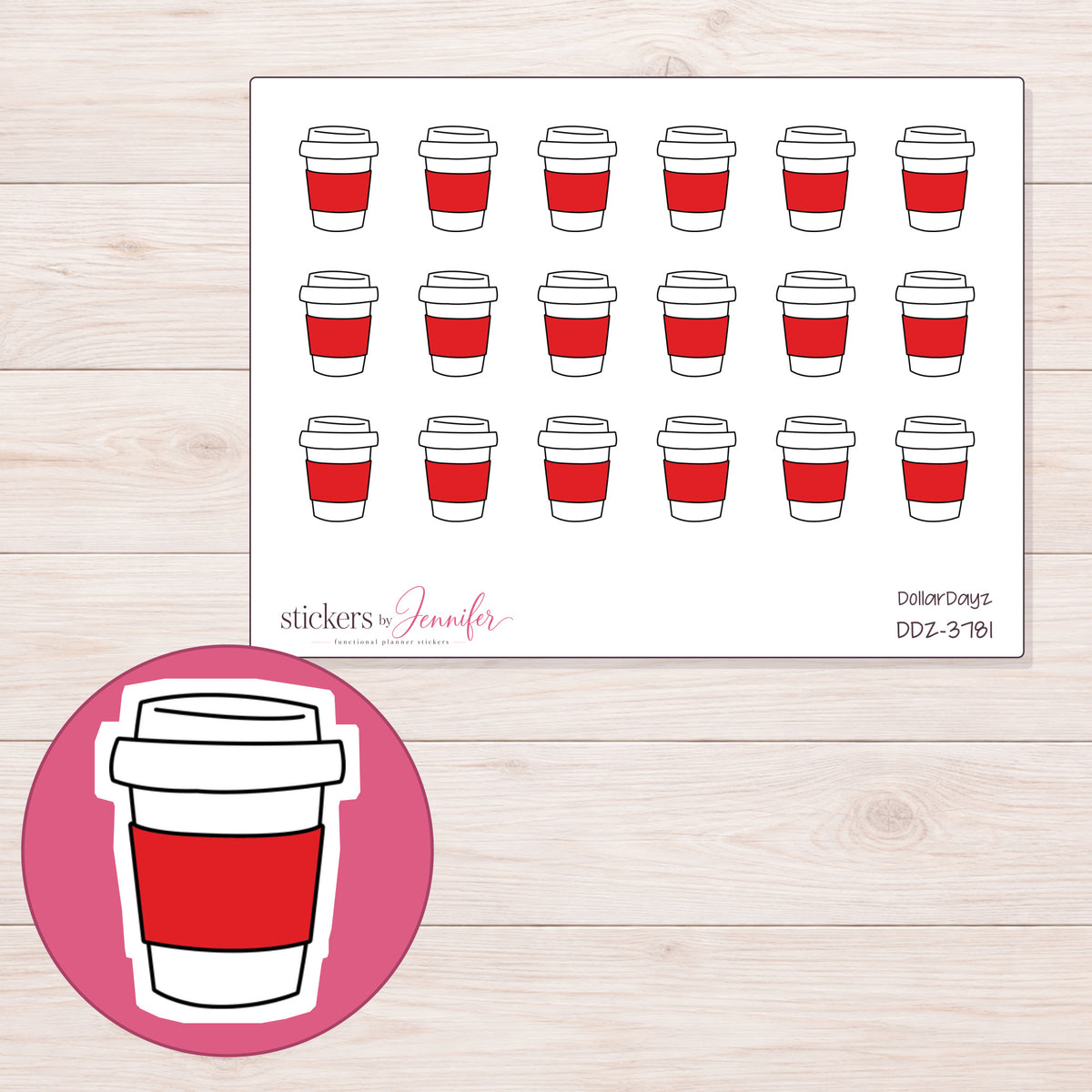 Red Sleeve Takeaway Coffee Planner Stickers | DDZ-3781 — 4 × 3 inch sheet and enlarged sticker detail