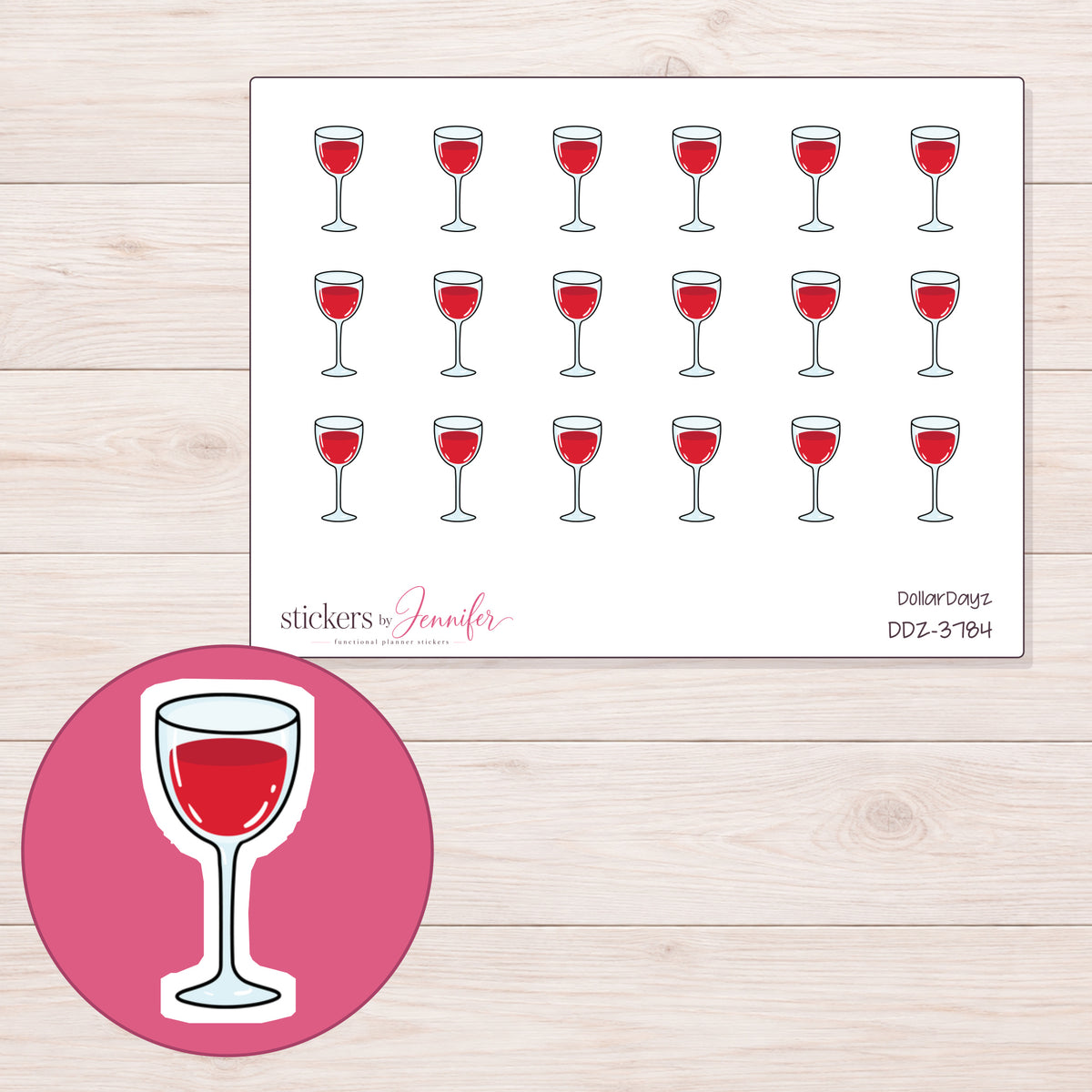 Red Wine Glass Planner Stickers | DDZ-3784 — 4 × 3 inch sheet and enlarged sticker detail