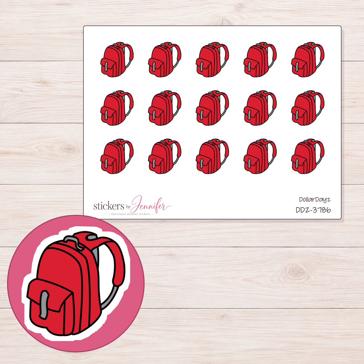 Red School Backpack Planner Stickers | DDZ-3786 — 4 × 3 inch sheet and enlarged sticker detail
