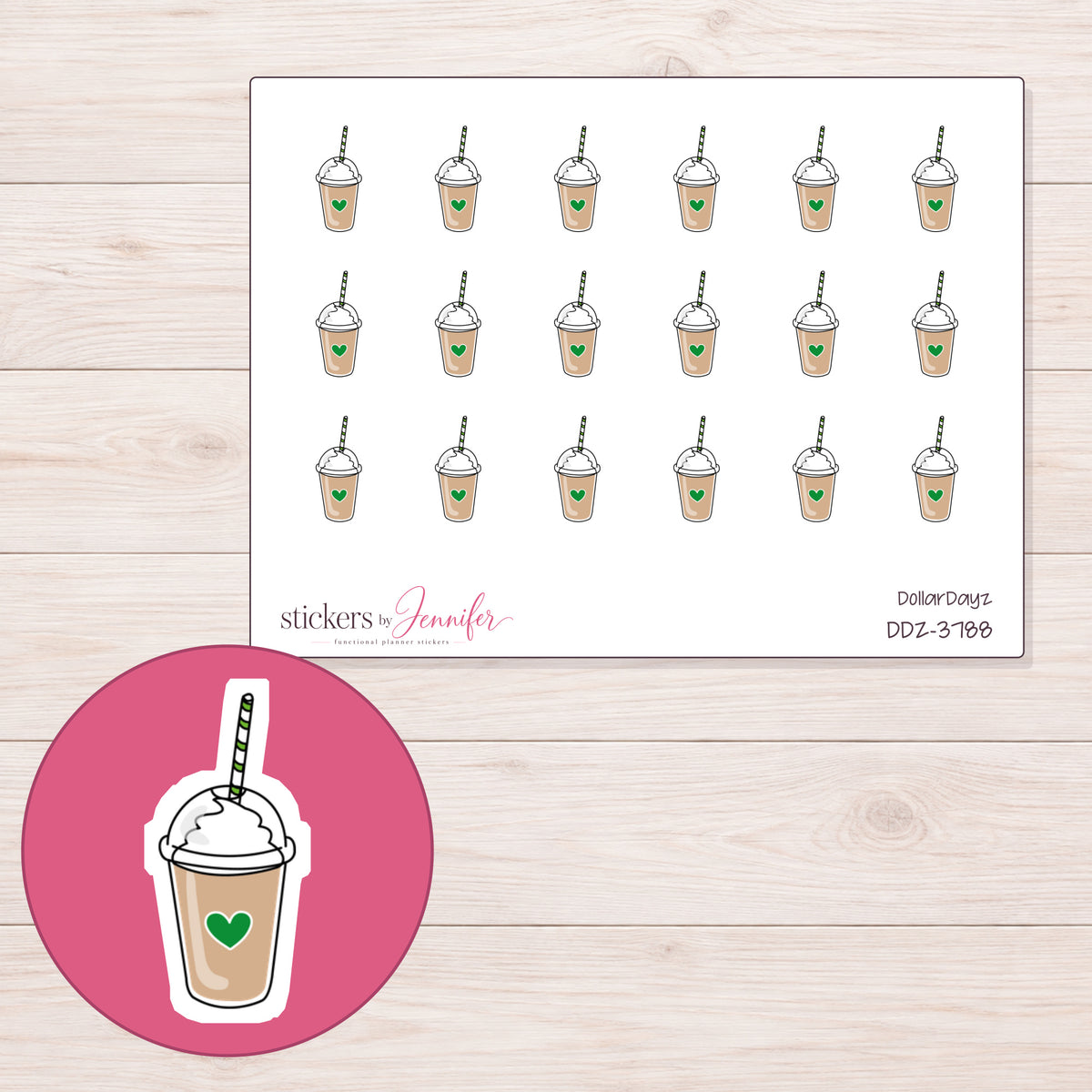 Whipped Smoothie Cup Planner Stickers | DDZ-3788 — 4 × 3 inch sheet and enlarged sticker detail