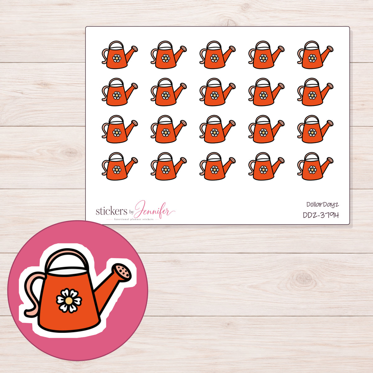 Orange Daisy Watering Can Planner Stickers | DDZ-3794 — 4 × 3 inch sheet and enlarged sticker detail