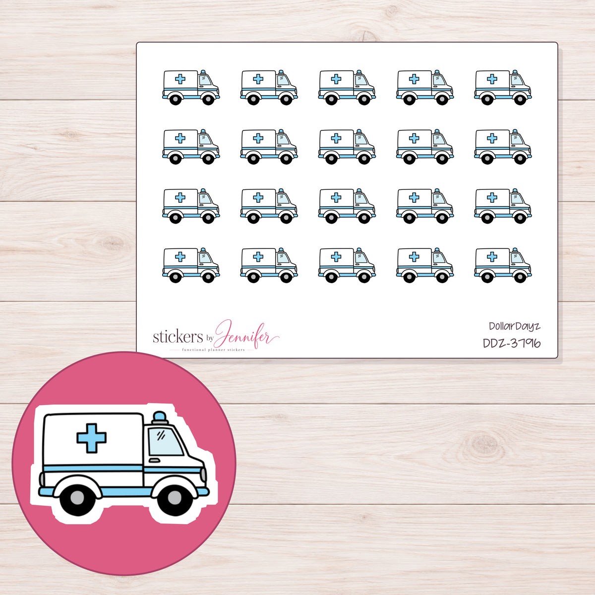 Blue Cross Ambulance Planner Stickers | DDZ-3796 — 4 × 3 inch sheet and enlarged sticker detail