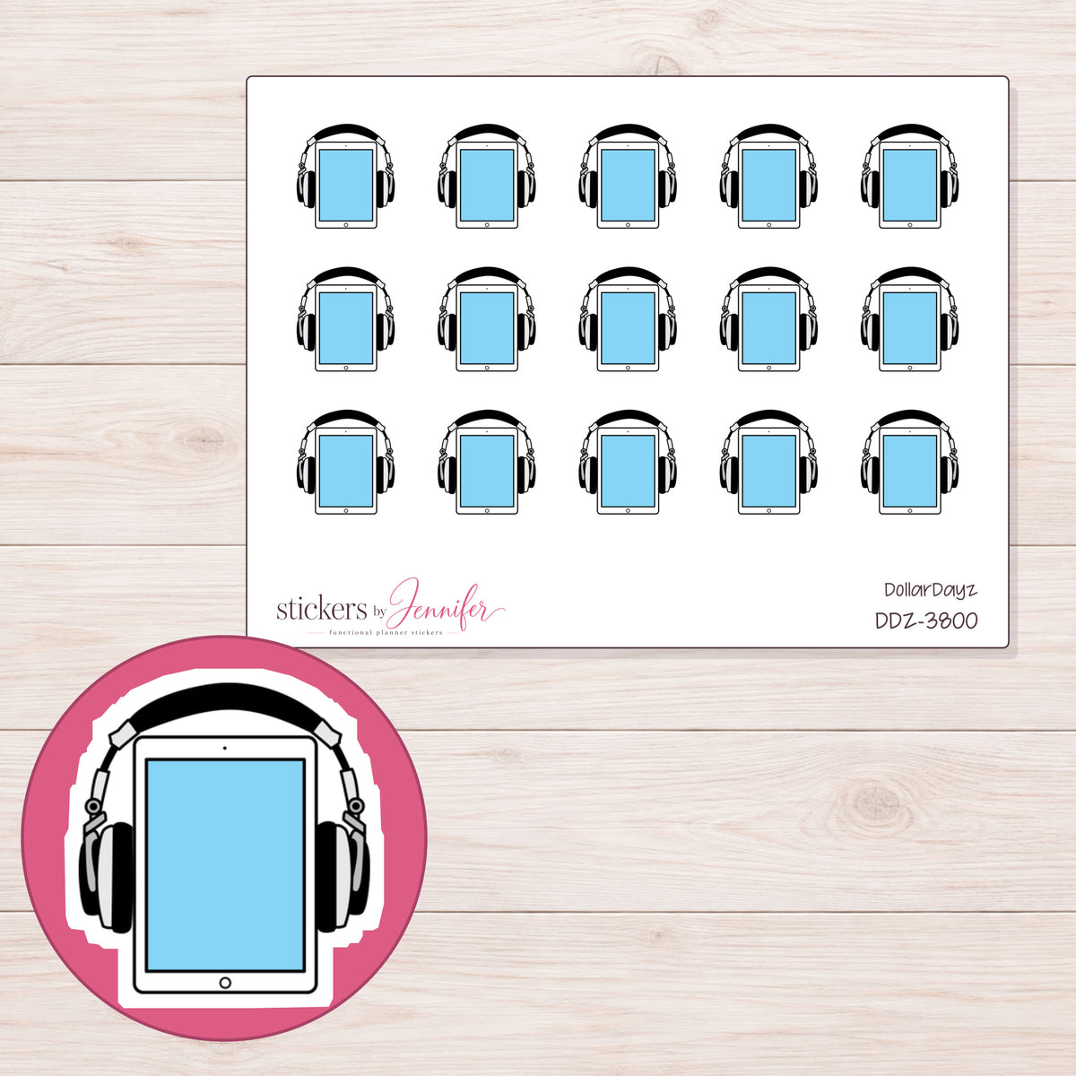 Blue Audiobook Tablet Planner Stickers | DDZ-3800 — 4 × 3 inch sheet and enlarged sticker detail