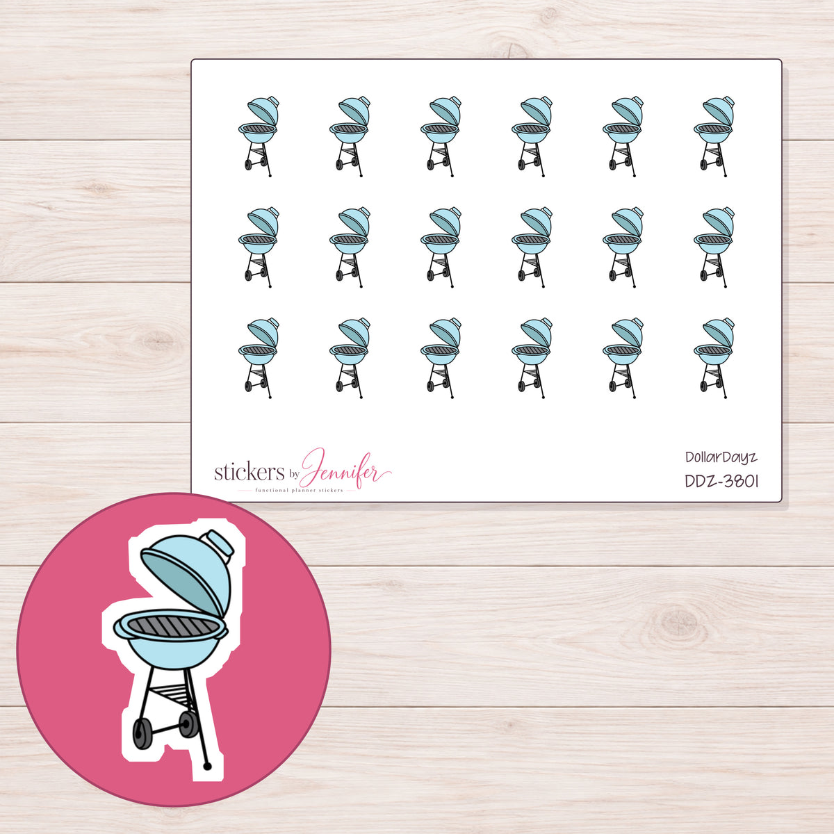 Pale Blue Barbecue Grill Planner Stickers | DDZ-3801 — 4 × 3 inch sheet and enlarged sticker detail