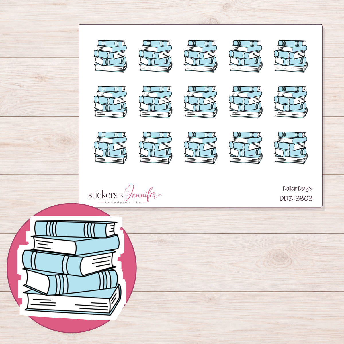 Stack of Blue Books Planner Stickers | DDZ-3803 — 4 × 3 inch sheet and enlarged sticker detail