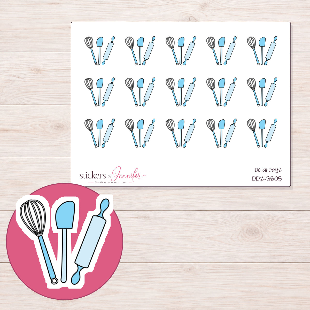 Blue Baking Utensils Planner Stickers | DDZ-3805 — 4 × 3 inch sheet and enlarged sticker detail