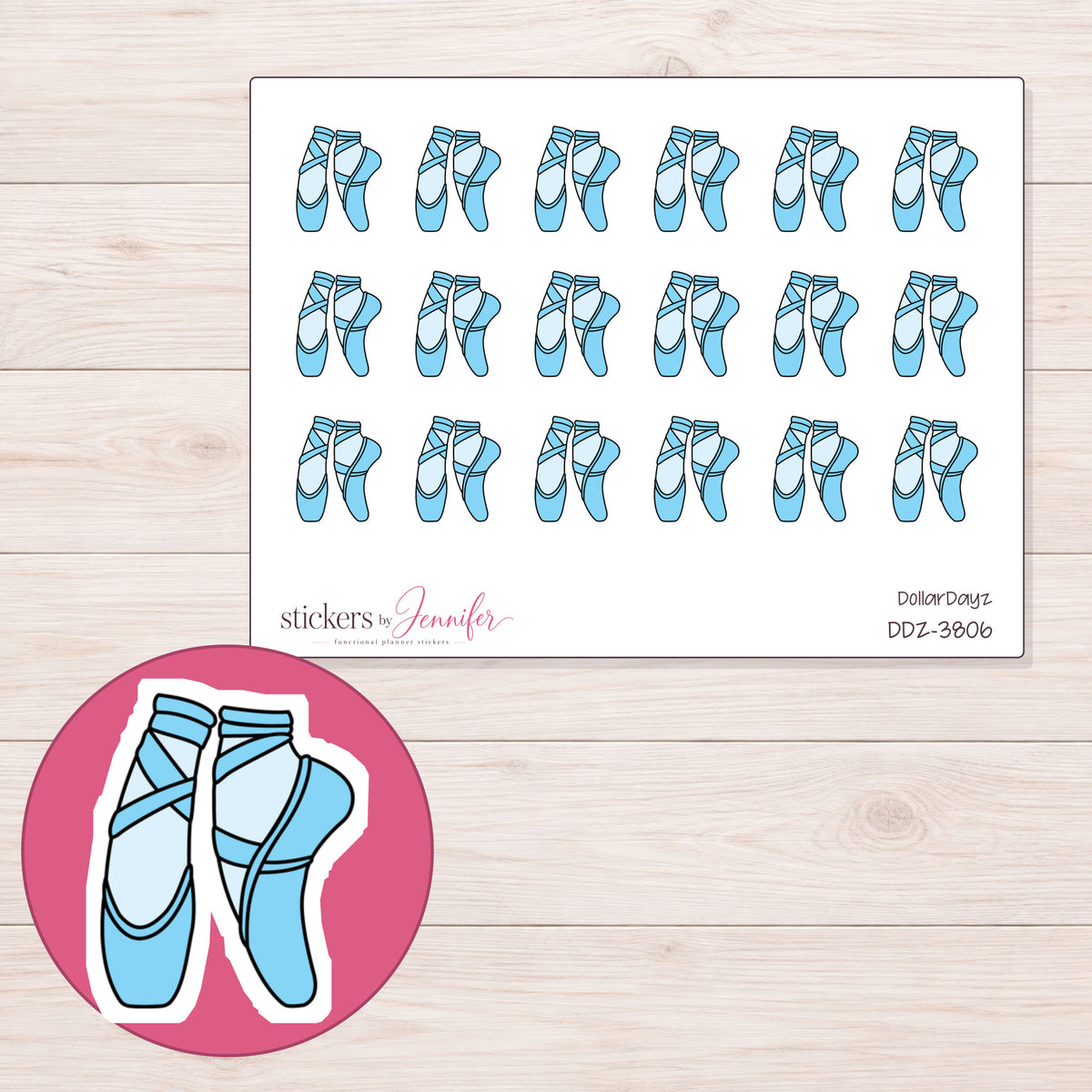 Blue Ballet Slippers Planner Stickers | DDZ-3806 — 4 × 3 inch sheet and enlarged sticker detail