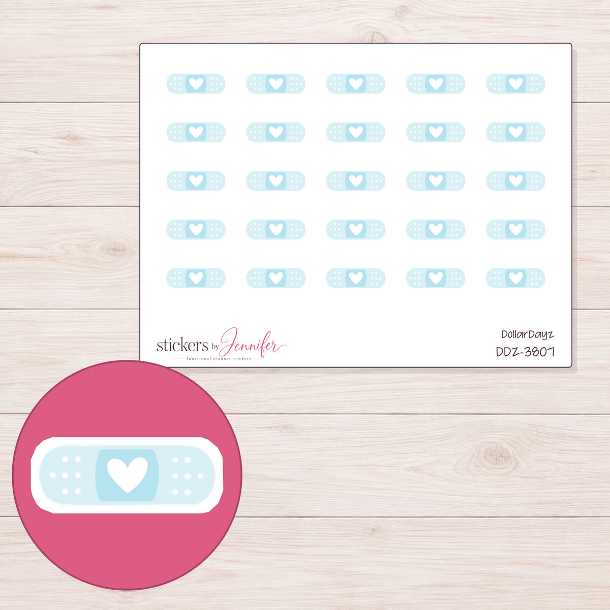 Pale Blue Heart Bandage Planner Stickers | DDZ-3807 — 4 × 3 inch sheet and enlarged sticker detail