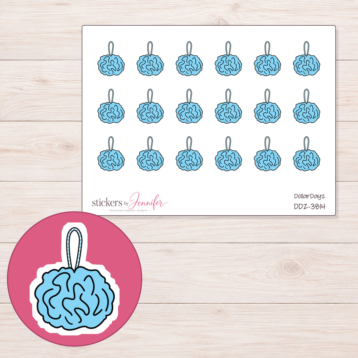 Blue Bath Pouf Planner Stickers | DDZ-3814 — 4 × 3 inch sheet and enlarged sticker detail