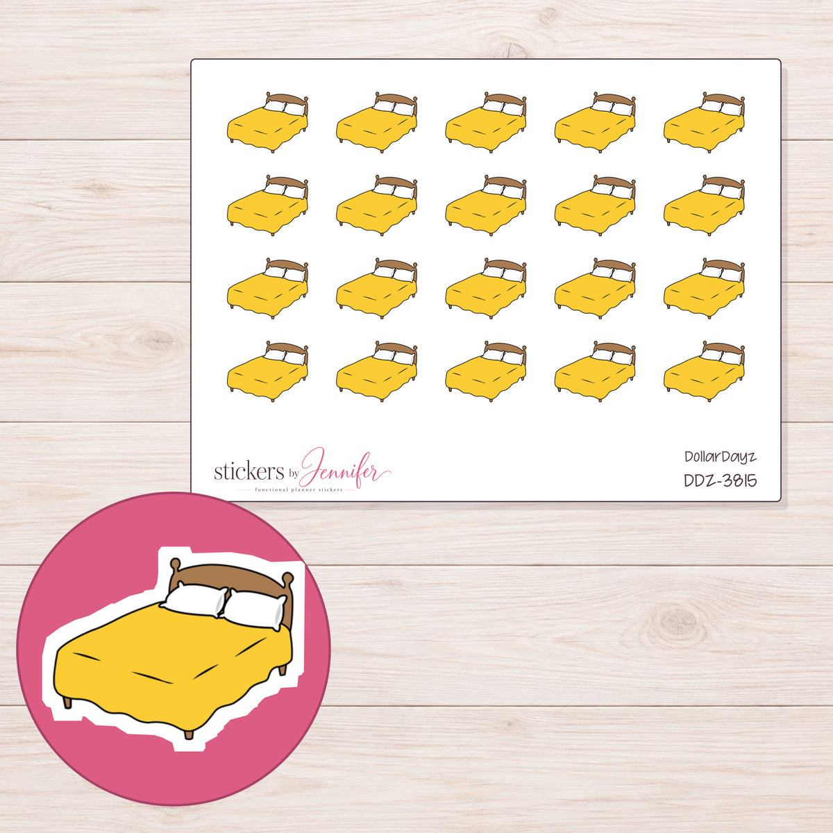Yellow Blanket Bed Planner Stickers | DDZ-3815 — 4 × 3 inch sheet and enlarged sticker detail