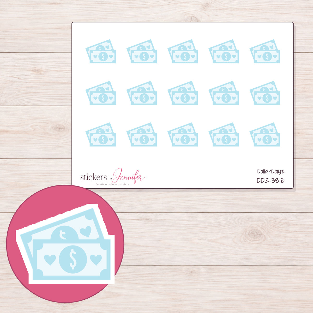 Pale Blue Banknotes Planner Stickers | DDZ-3818 — 4 × 3 inch sheet and enlarged sticker detail