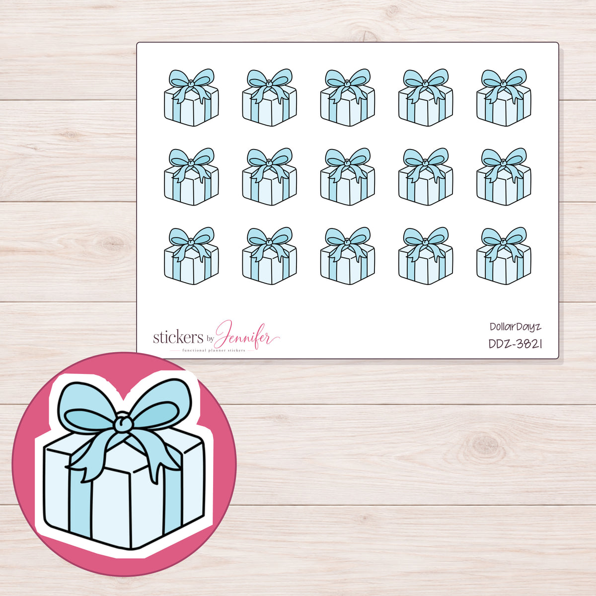 Pale Blue Bow Gift Planner Stickers | DDZ-3821 — 4 × 3 inch sheet and enlarged sticker detail