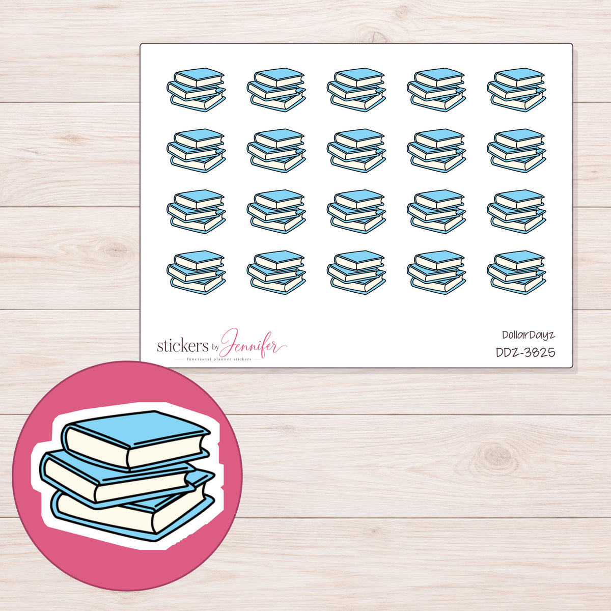Three Blue Books Planner Stickers | DDZ-3825 — 4 × 3 inch sheet and enlarged sticker detail