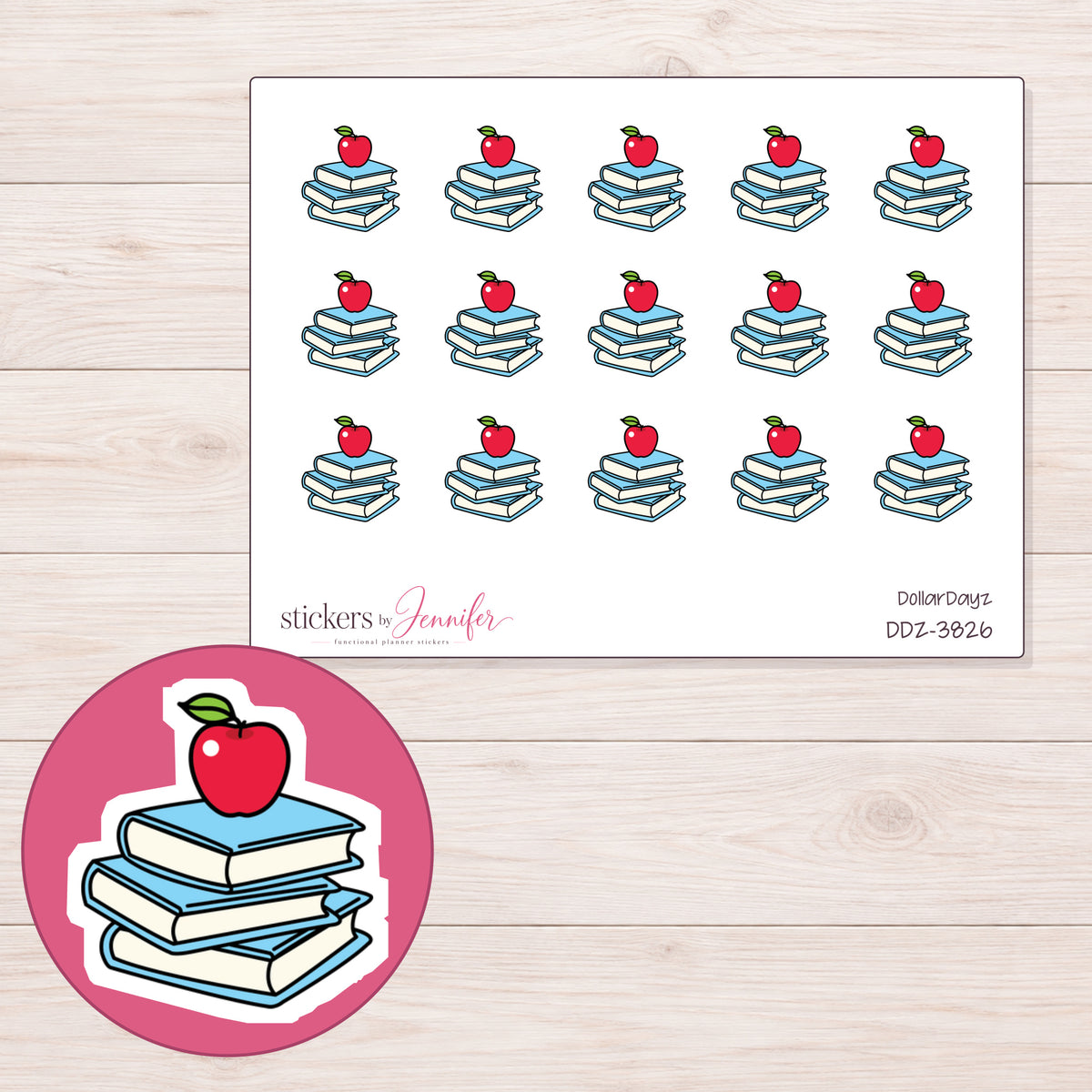 Blue Books and Red Apple Planner Stickers | DDZ-3826 — 4 × 3 inch sheet and enlarged sticker detail