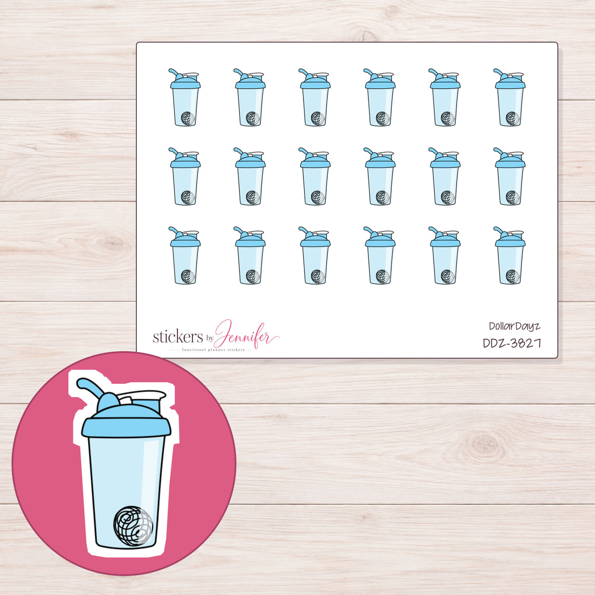 Blue Shaker Bottle Planner Stickers | DDZ-3827 — 4 × 3 inch sheet and enlarged sticker detail