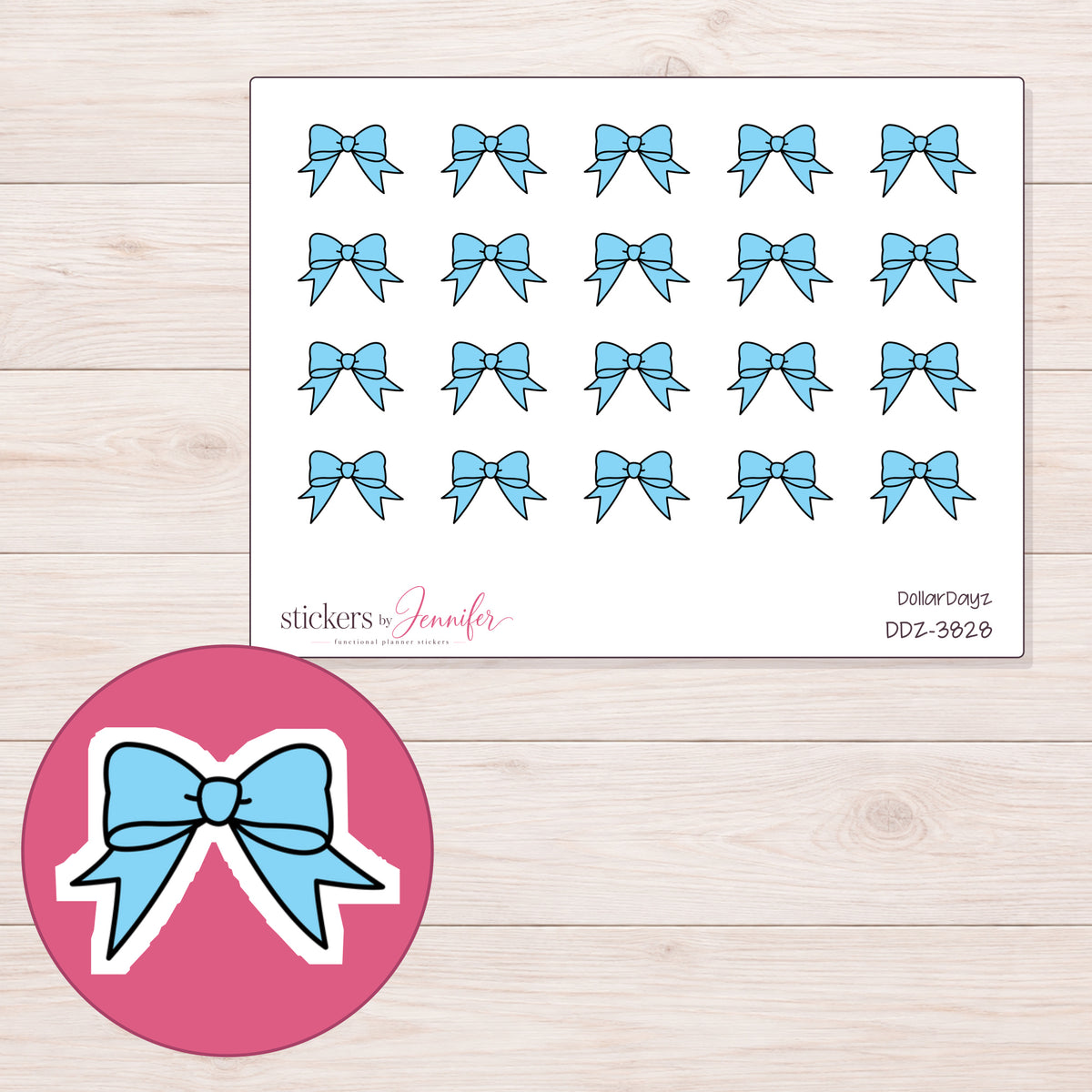 Blue Ribbon Bow Planner Stickers | DDZ-3828 — 4 × 3 inch sheet and enlarged sticker detail
