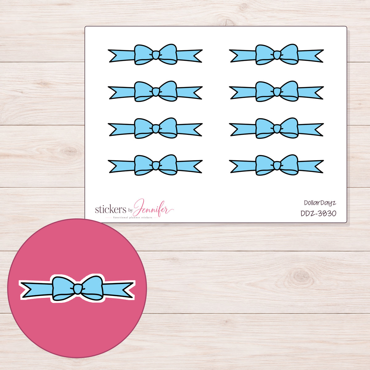Blue Bow Ribbon Divider Planner Stickers | DDZ-3830 — 4 × 3 inch sheet and enlarged sticker detail