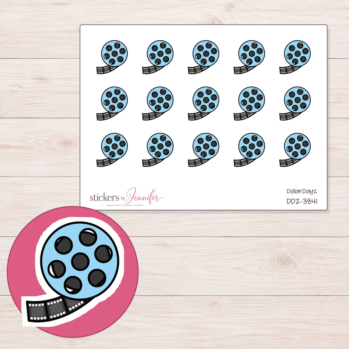 Blue Film Reel Planner Stickers | DDZ-3841 — 4 × 3 inch sheet and enlarged sticker detail