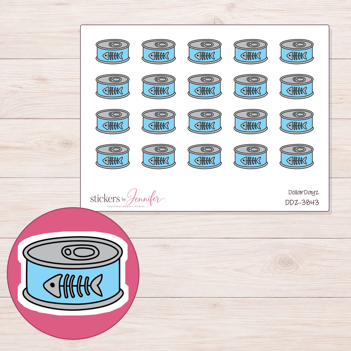 Blue Cat Food Tin Planner Stickers | DDZ-3843 — 4 × 3 inch sheet and enlarged sticker detail